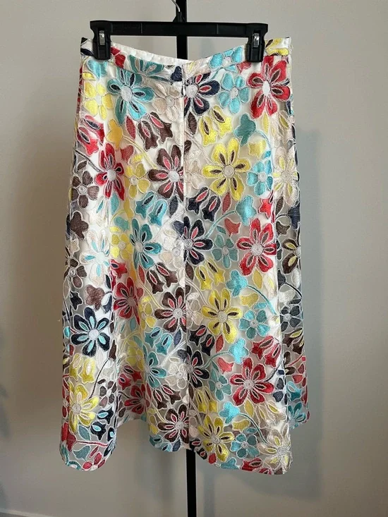 Anthropologie Eva Franco Floral Embroidered Midi Skirt Sz 10 A-Line Mesh Overlay - Picture 5 of 16